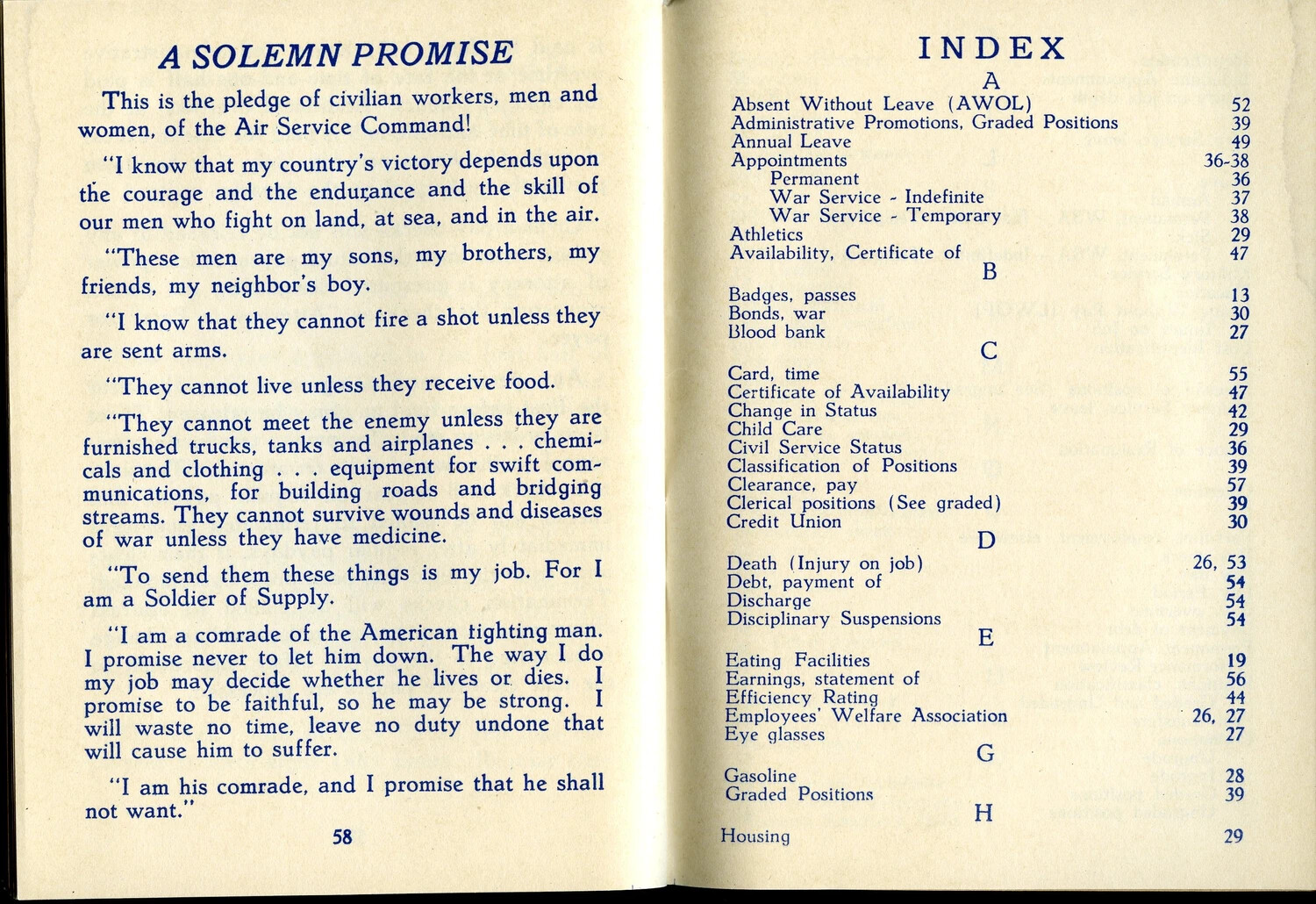 "A Solemn Promise" and Index Pages from McClellan Field Personnel Guide Booklet