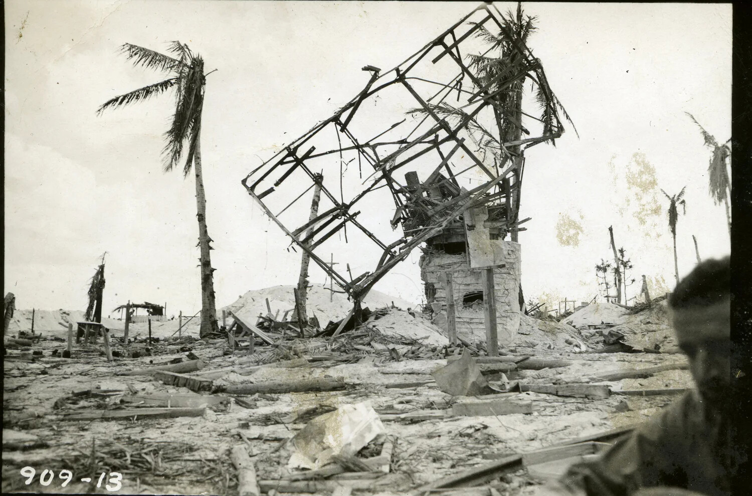 Destroyed Structure and Blasted Palm Trees on Pacific Atoll, WWII Combat Aftermath (Photo No. 909-13)