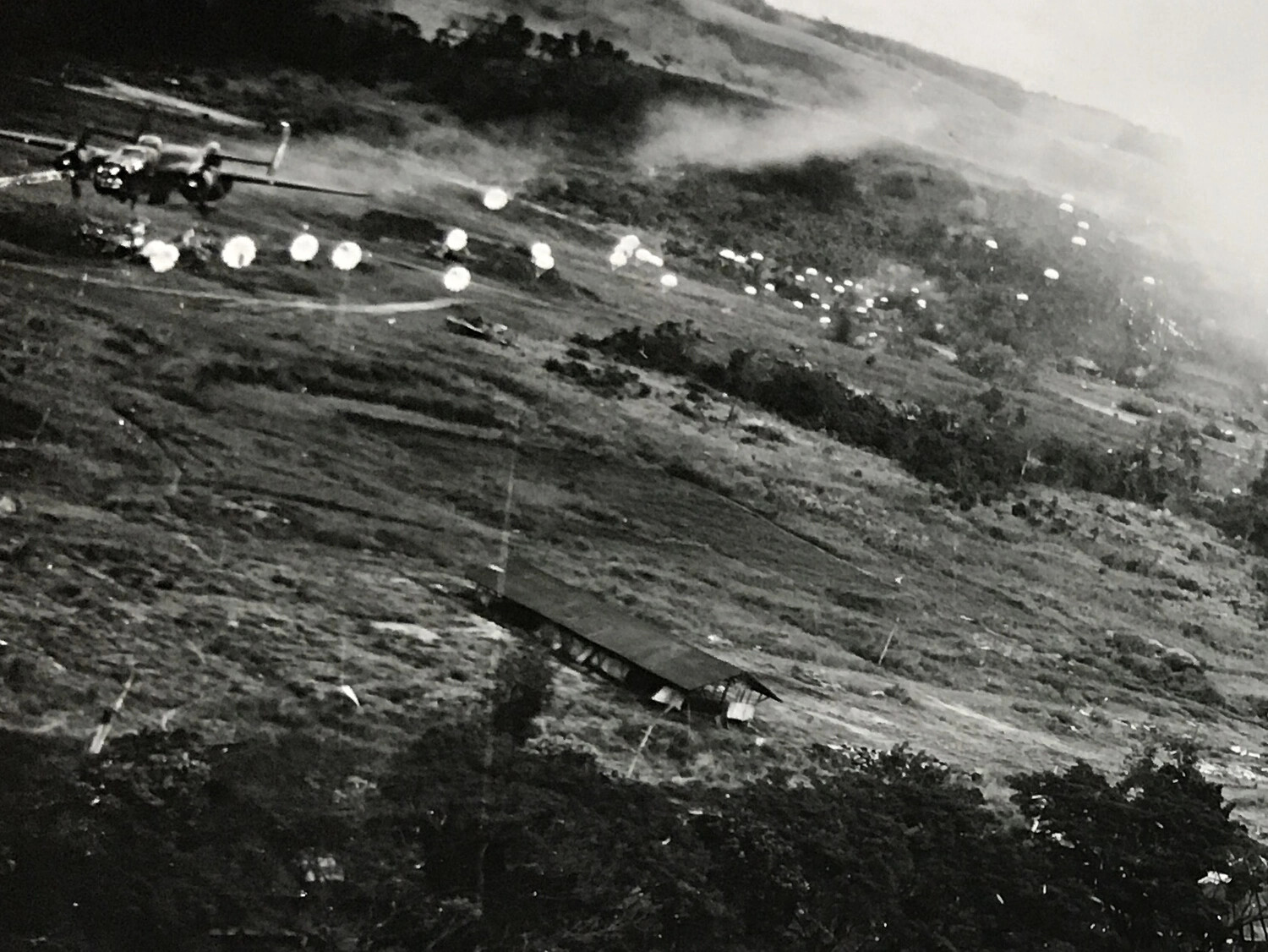 B-25 Mitchell Banking Away Amid Parafrag Bomb Detonations, Airfield Strike