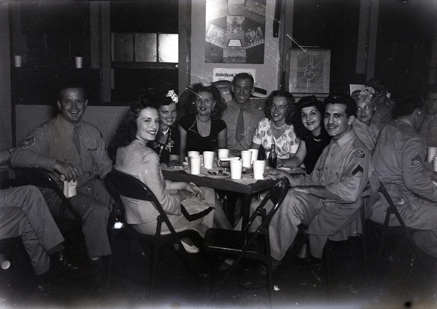 Group Portrait of Servicemen and Women at Social Gathering, Service Club or USO Event