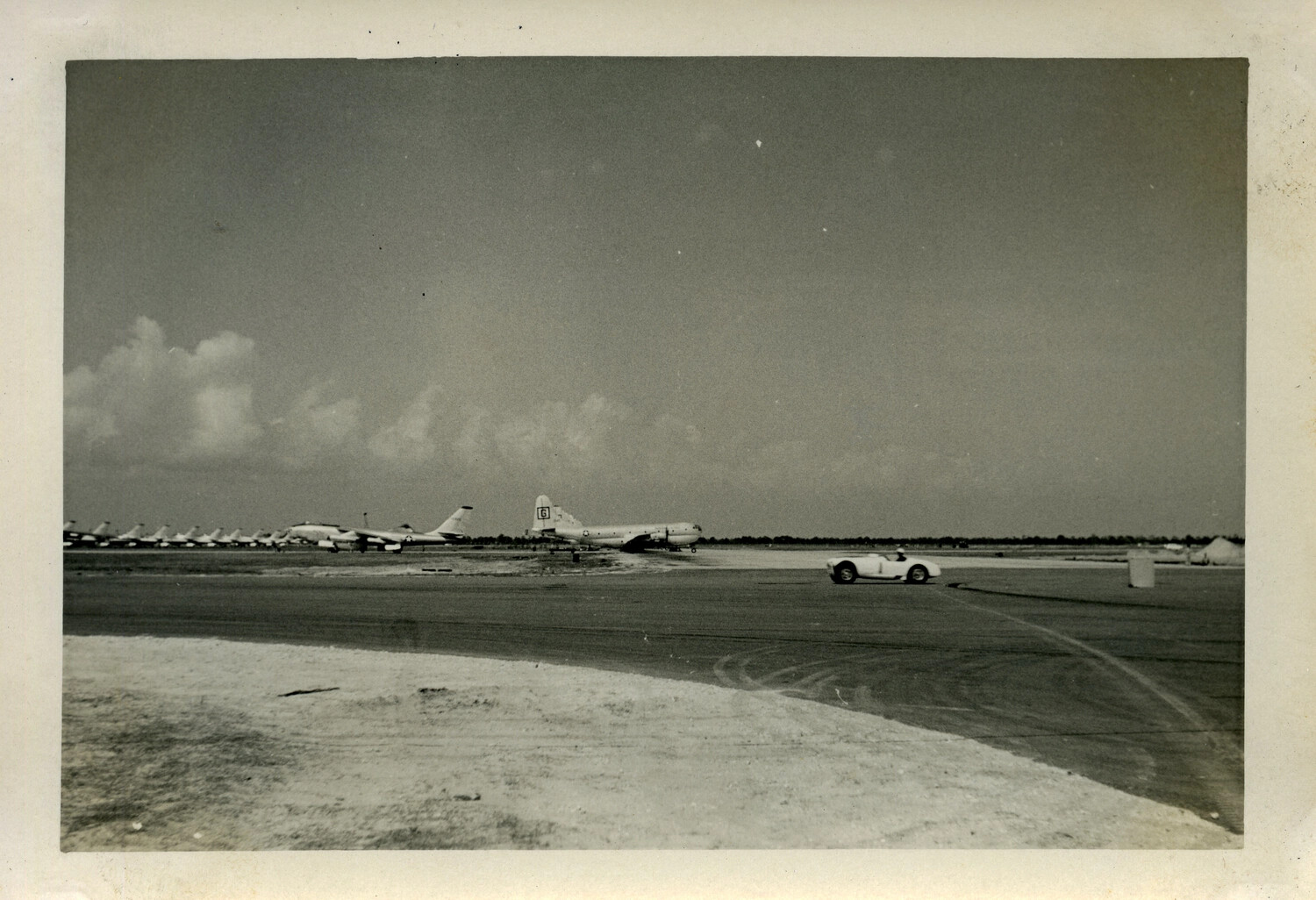 USAF Ramp with B-47 Stratojet Bombers, KC-97 Tanker, and Sports Car, Likely Lajes Field, Azores