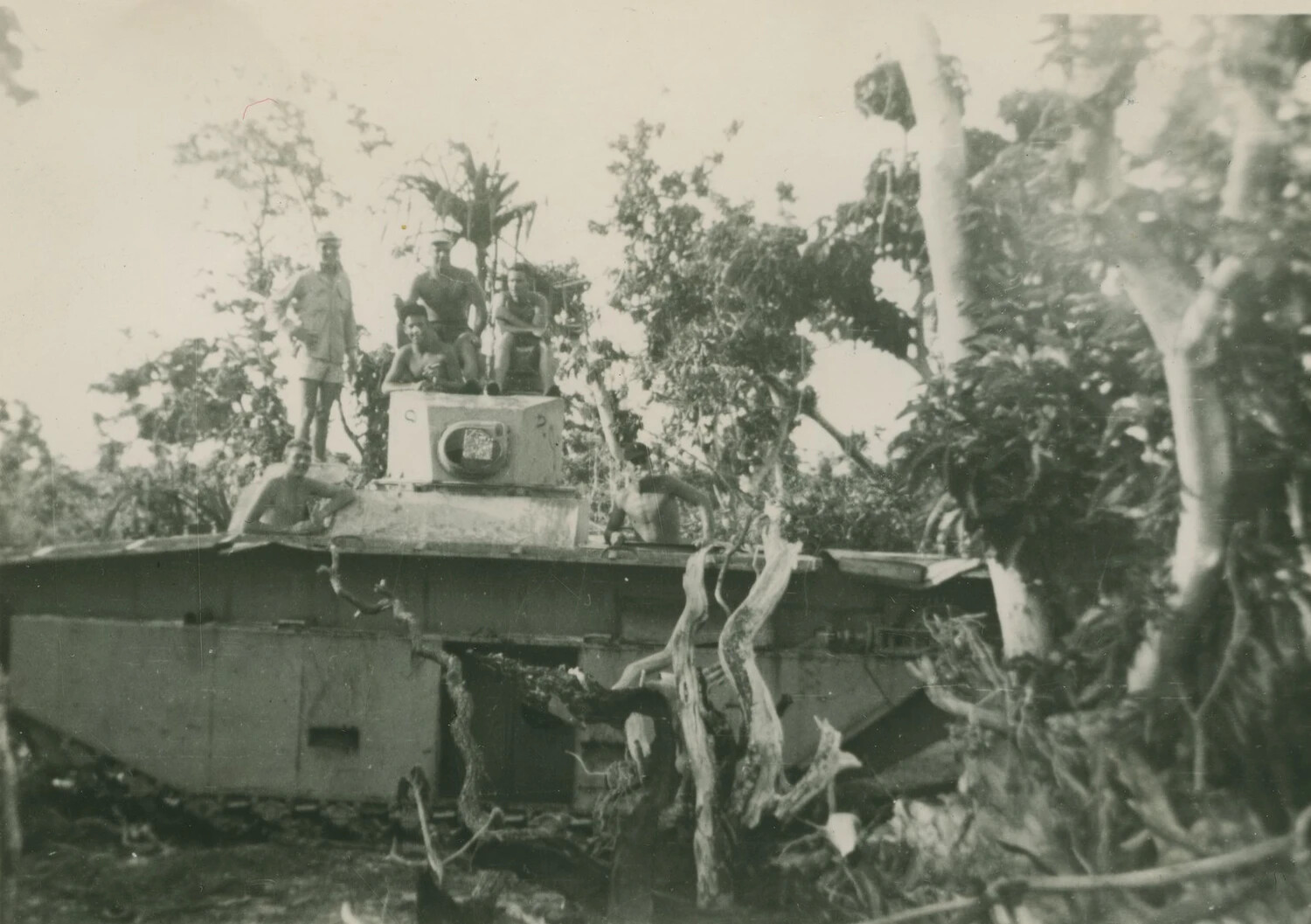 Servicemen Posed on Disabled Armored Vehicle, Pacific Theater, WWII (McAleer Collection)