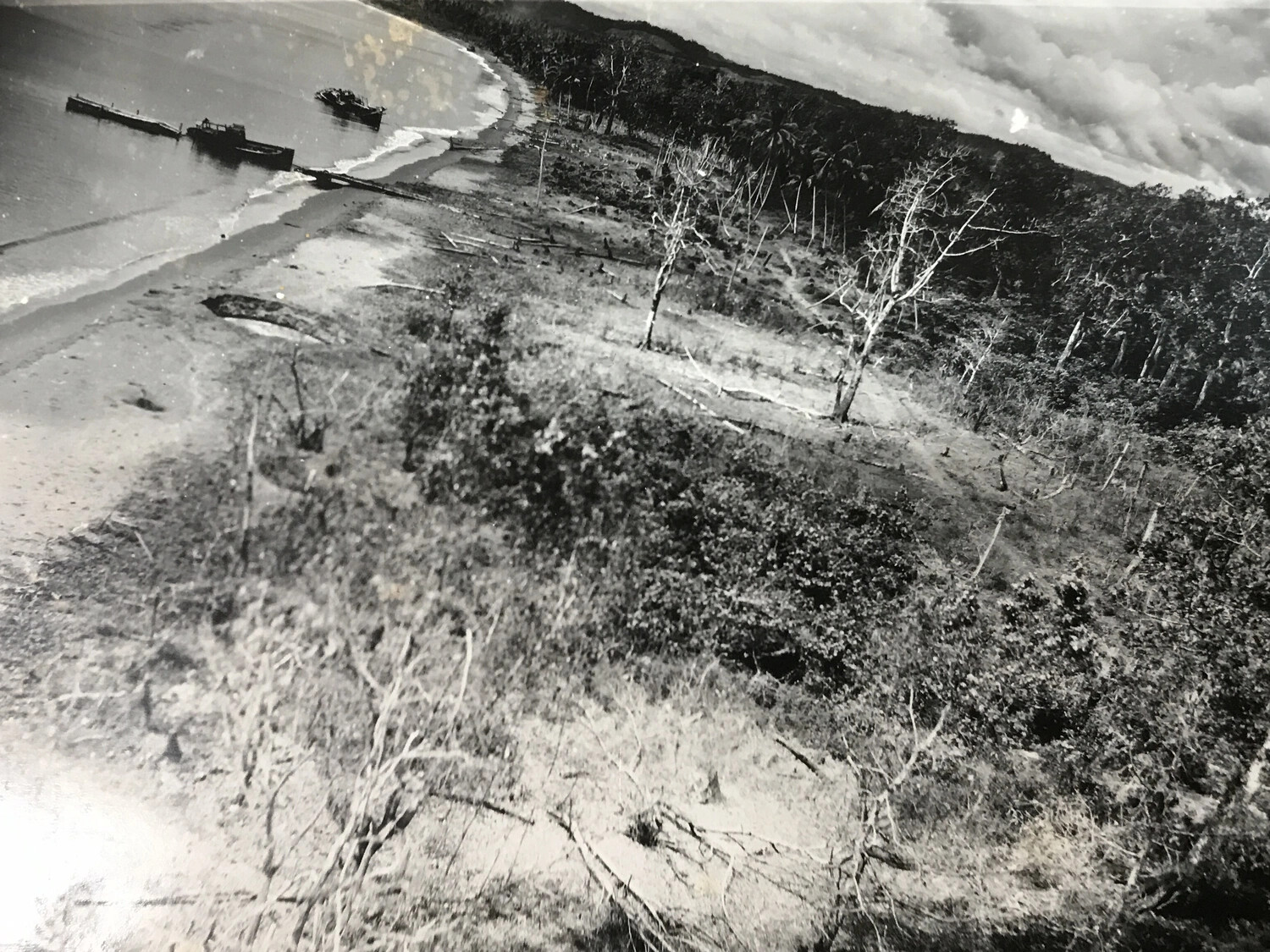Beach, Pier, and Wrecked Vessel Amid Bomb-Damaged Coastal Vegetation, Hansa Bay Area, New Guinea