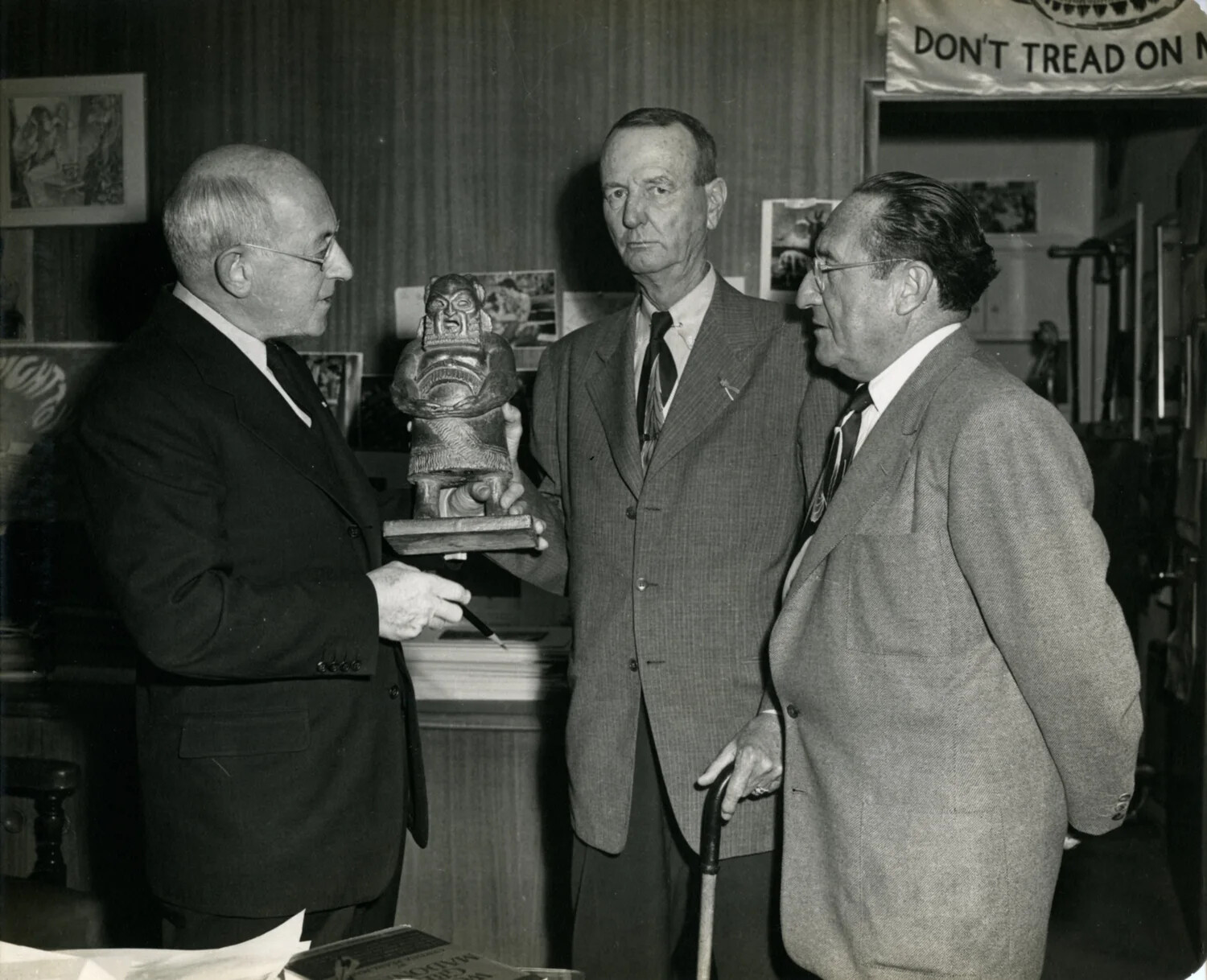 General Jonathan M. Wainwright IV Presented with a Carved Figure, c. 1949