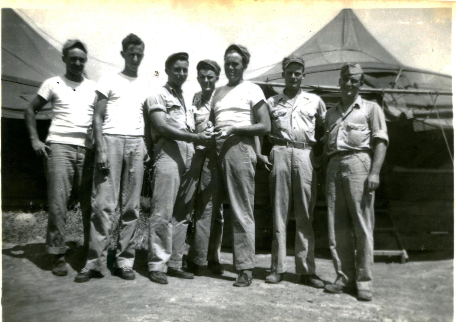 Group Portrait of Marines at Camp, 5th Marine Division, WWII Pacific Theater
