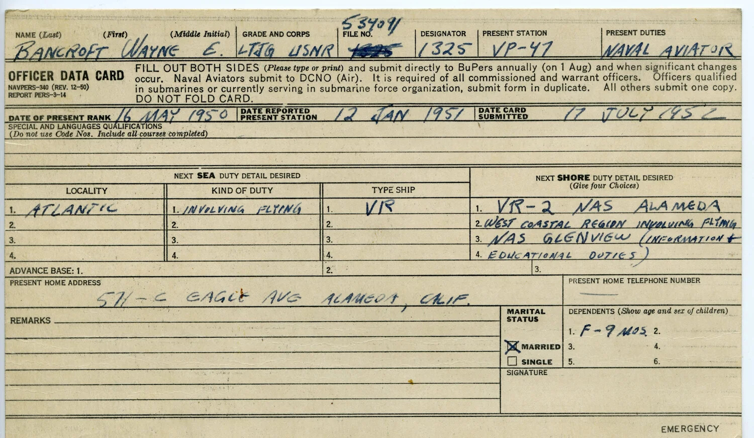 US Navy Officer Data Card, LTJG Wayne E. Bancroft, Naval Aviator, VP-47, 1952