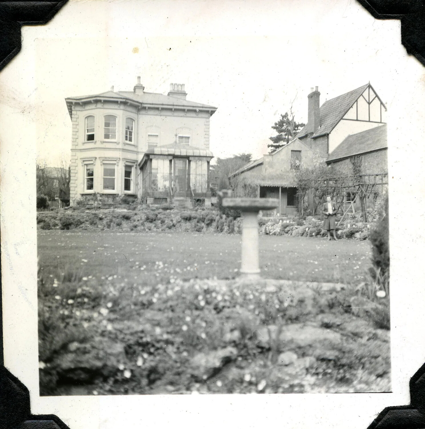 English Country House and Garden with Ornamental Pedestal — Personal Snapshot from a WWII-Era Signal Corps Photo Album