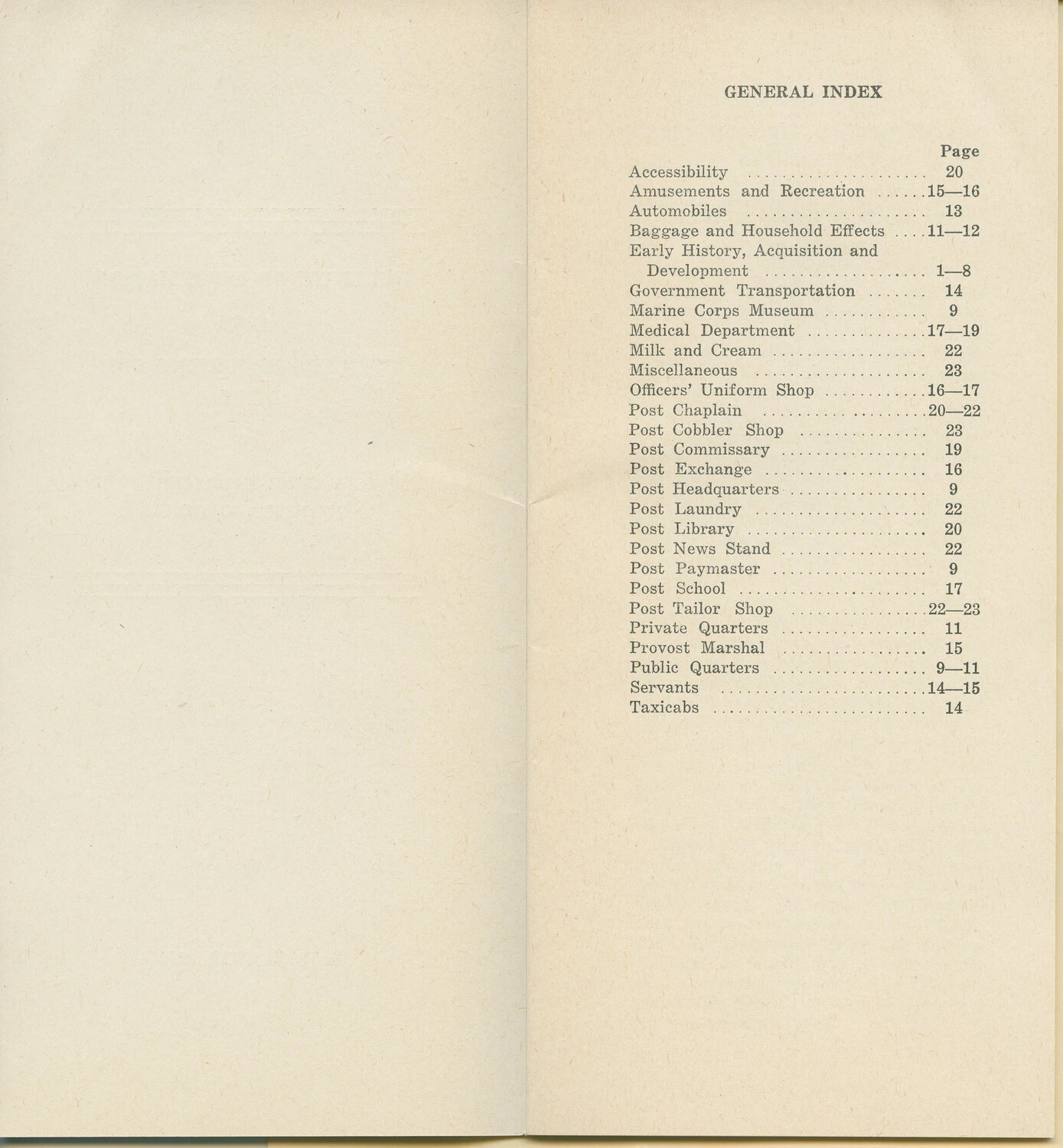 General Index Page, Marine Corps Post Orientation Booklet