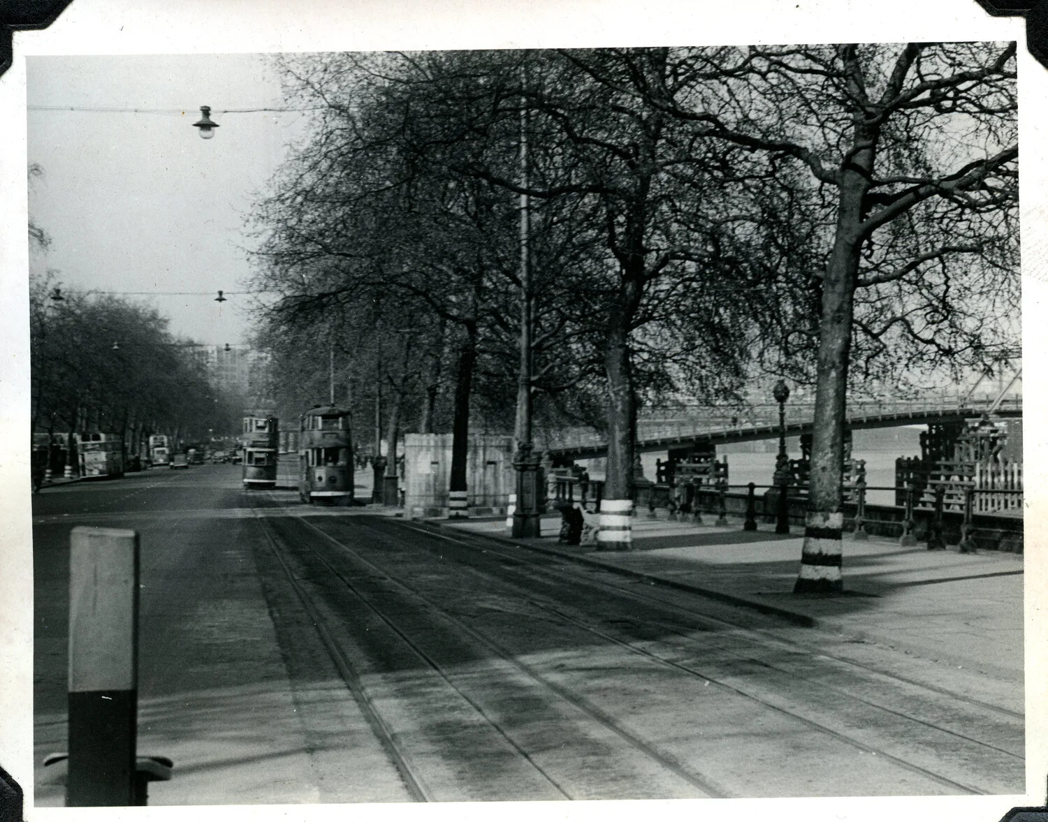 London Embankment Street Scene with Trams, WWII-Era Blackout Markings
