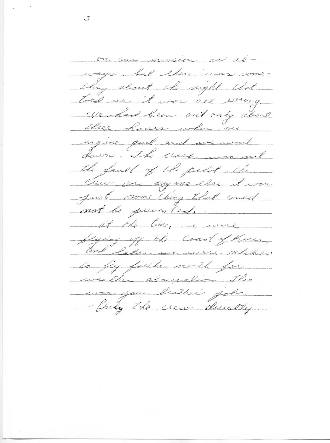 Handwritten Letter, Page 3, Describing Aircraft Crash During Korean War Weather Reconnaissance Mission