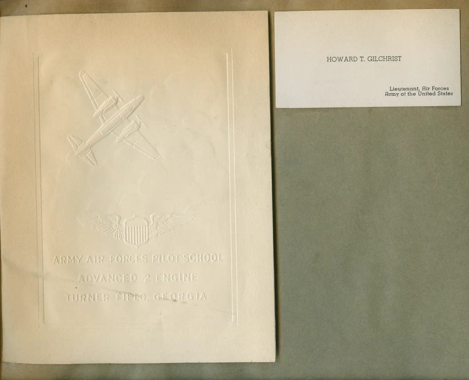 Embossed Graduation Cover and Calling Card, Army Air Forces Pilot School (Advanced Two-Engine), Turner Field, Georgia, WWII