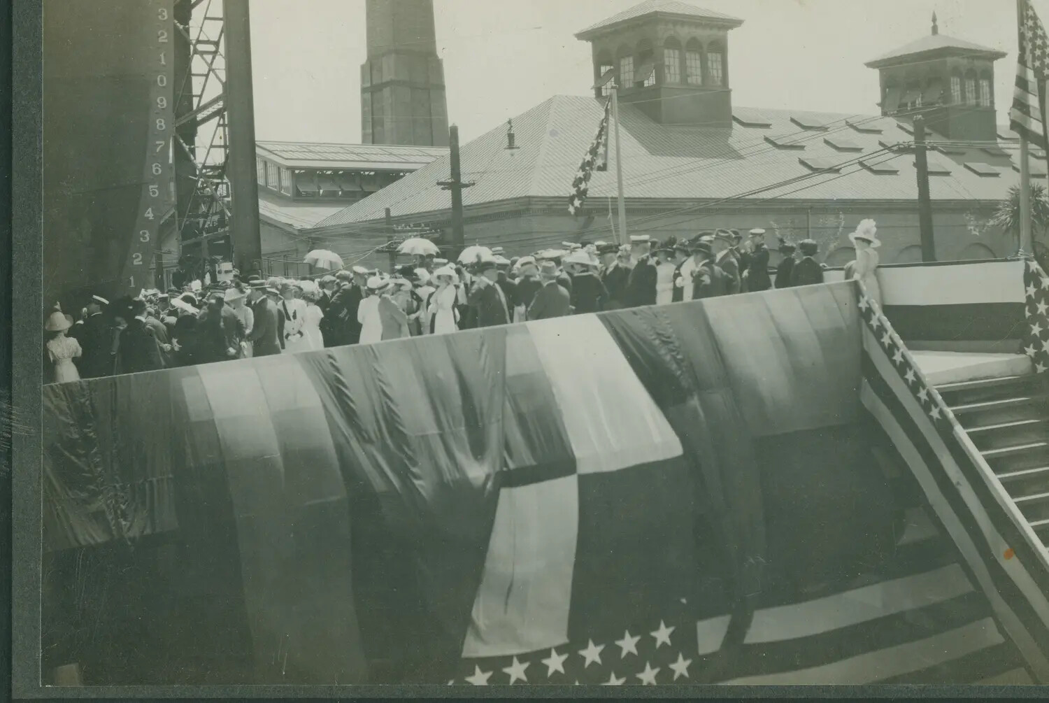 Ship Launching Ceremony with Dignitaries, Naval Shipyard (likely Mare Island, California), Early 1900s