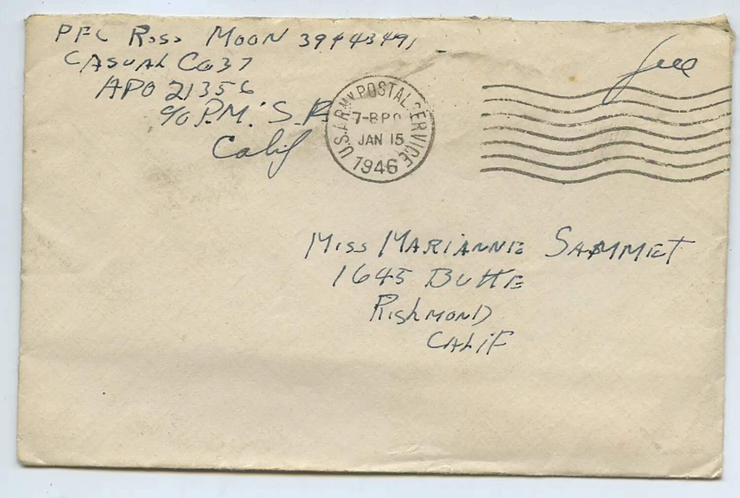 Postmarked Envelope, PFC Ross Moon to Miss Marianne Sammiet, January 1946 (Moon-Sammiet Correspondence)