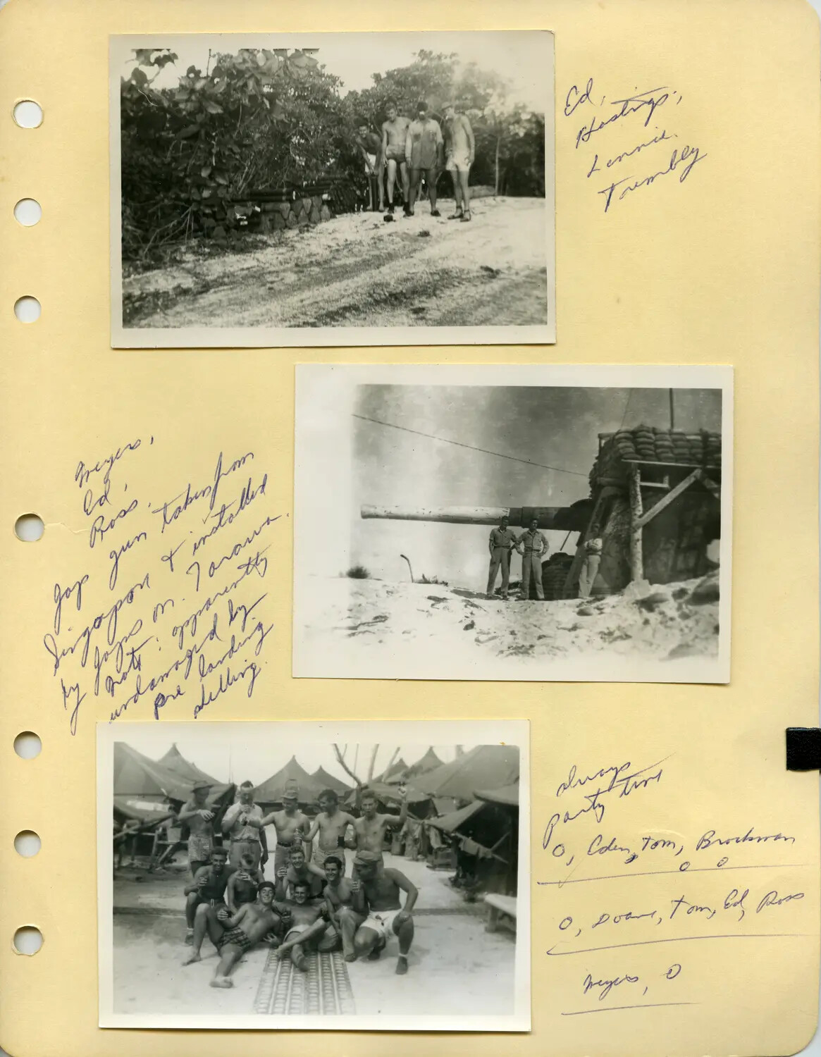 Scrapbook Page: Marines at Tarawa with Captured 'Singapore Gun' and Camp Photographs, WWII Pacific Theater