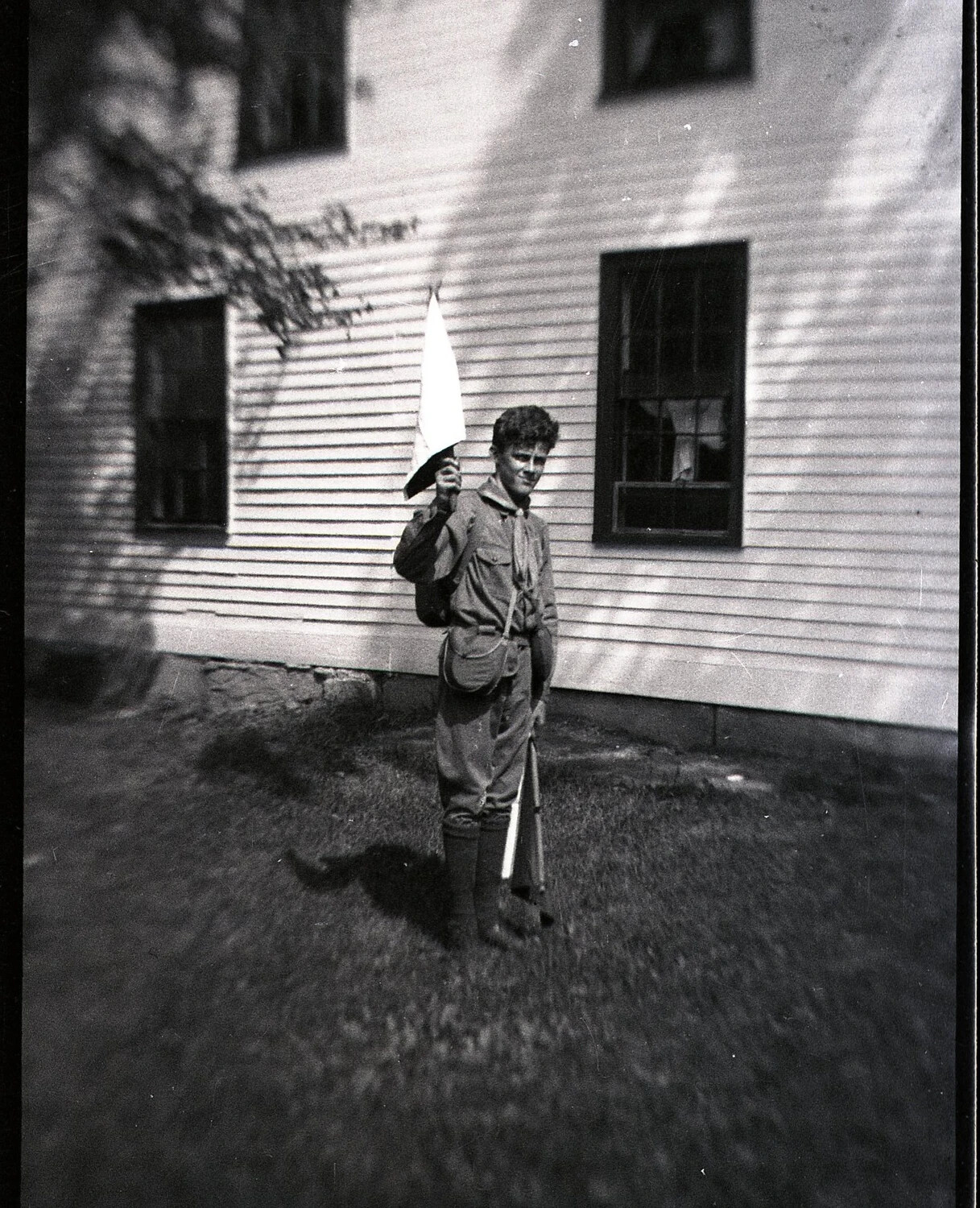 Boy Scout in Uniform Holding Semaphore Signal Flags, State-Side Residence, WWII Era