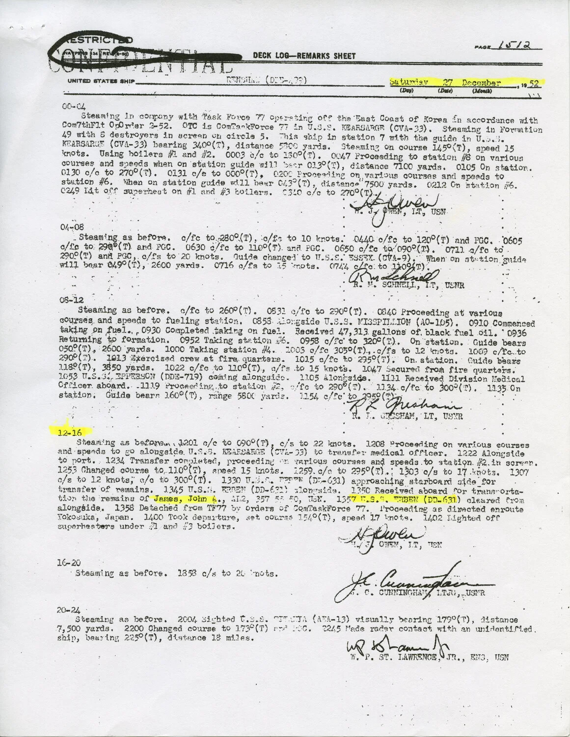 USS Renshaw (DD-499) Deck Log, 27 December 1952