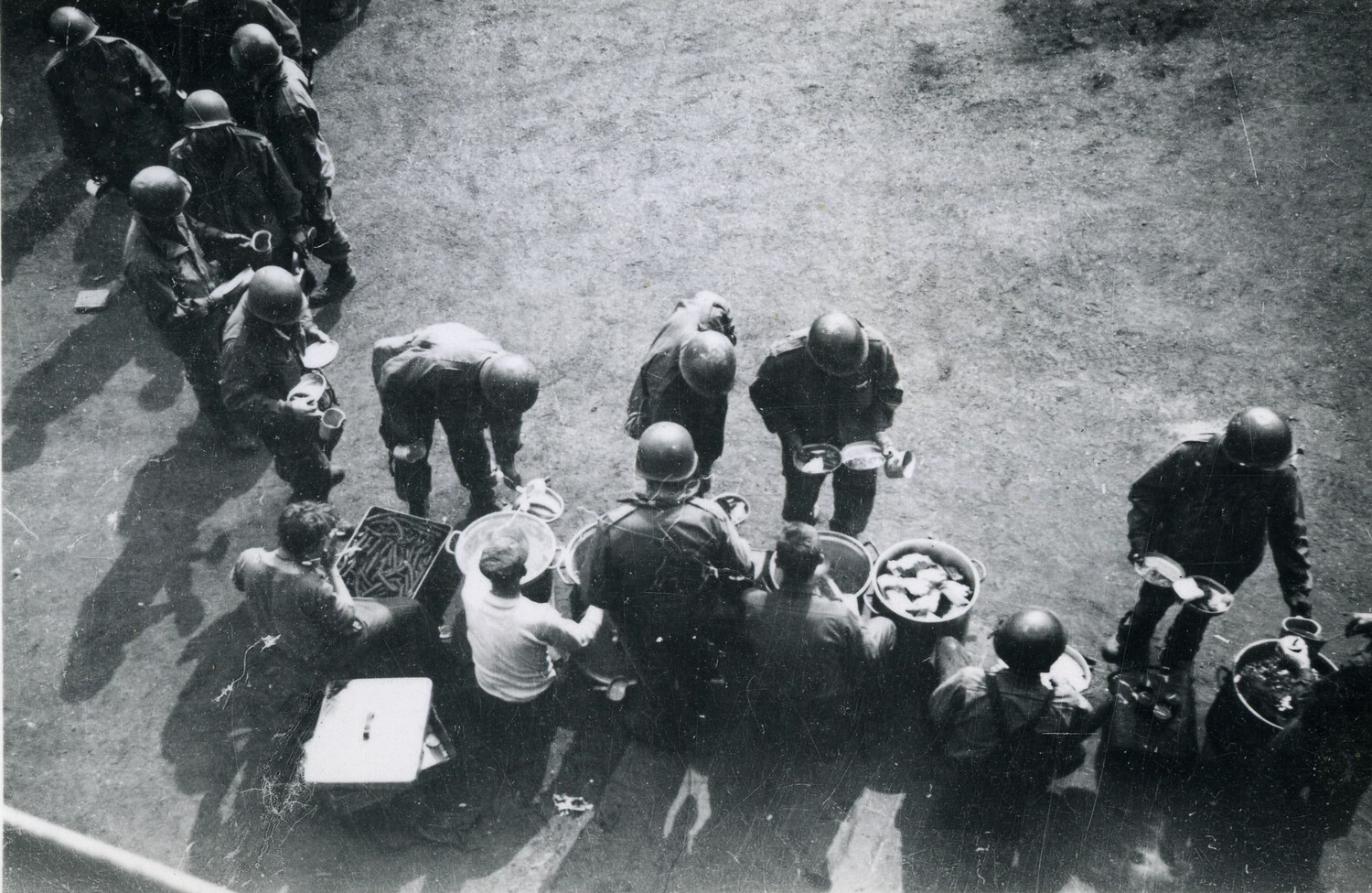 Overhead View of a U.S. Army Chow Line, Soldiers with Mess Kits