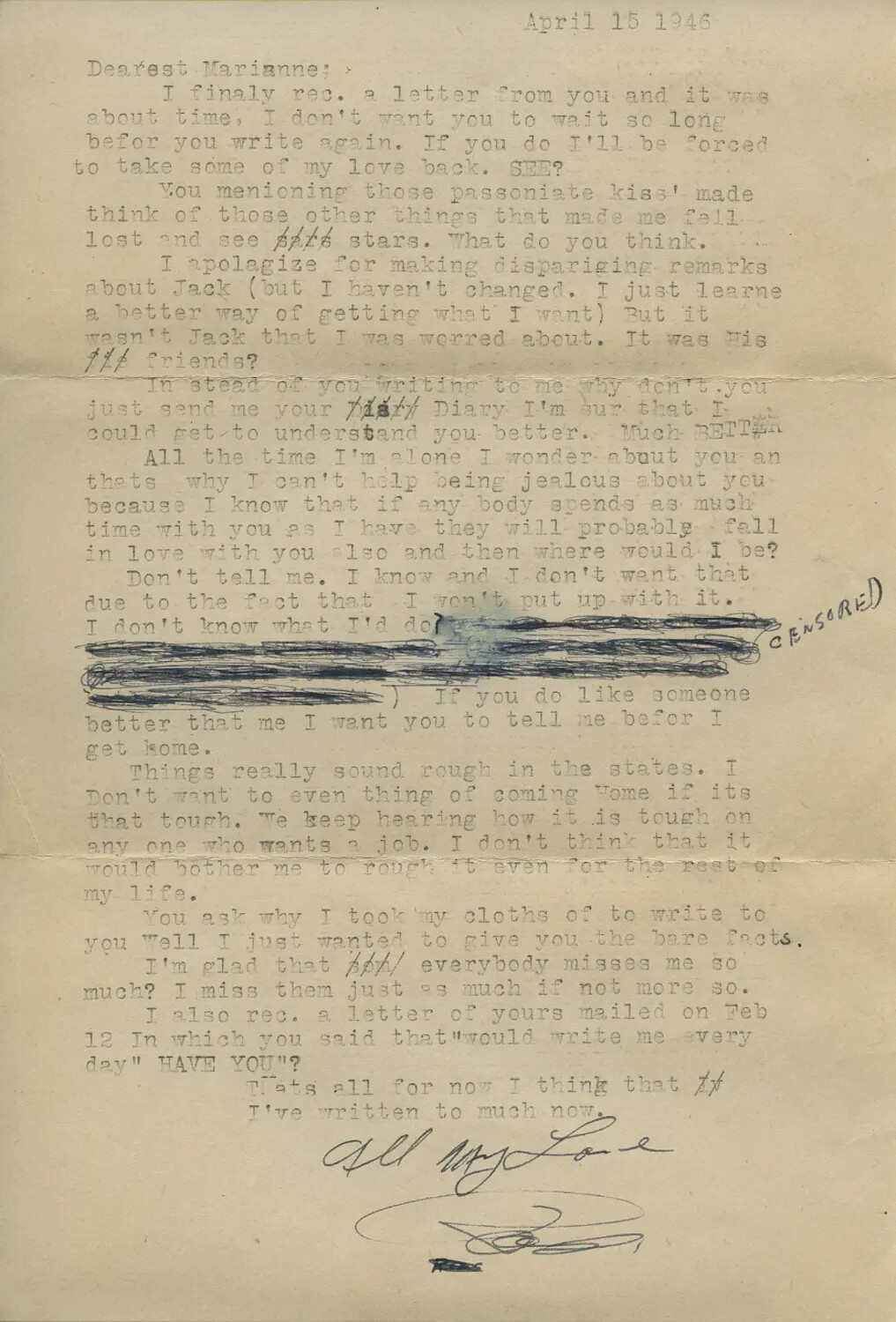 Personal Love Letter to 'Marianne,' Dated April 15, 1946 (Moon Sammiet Collection)