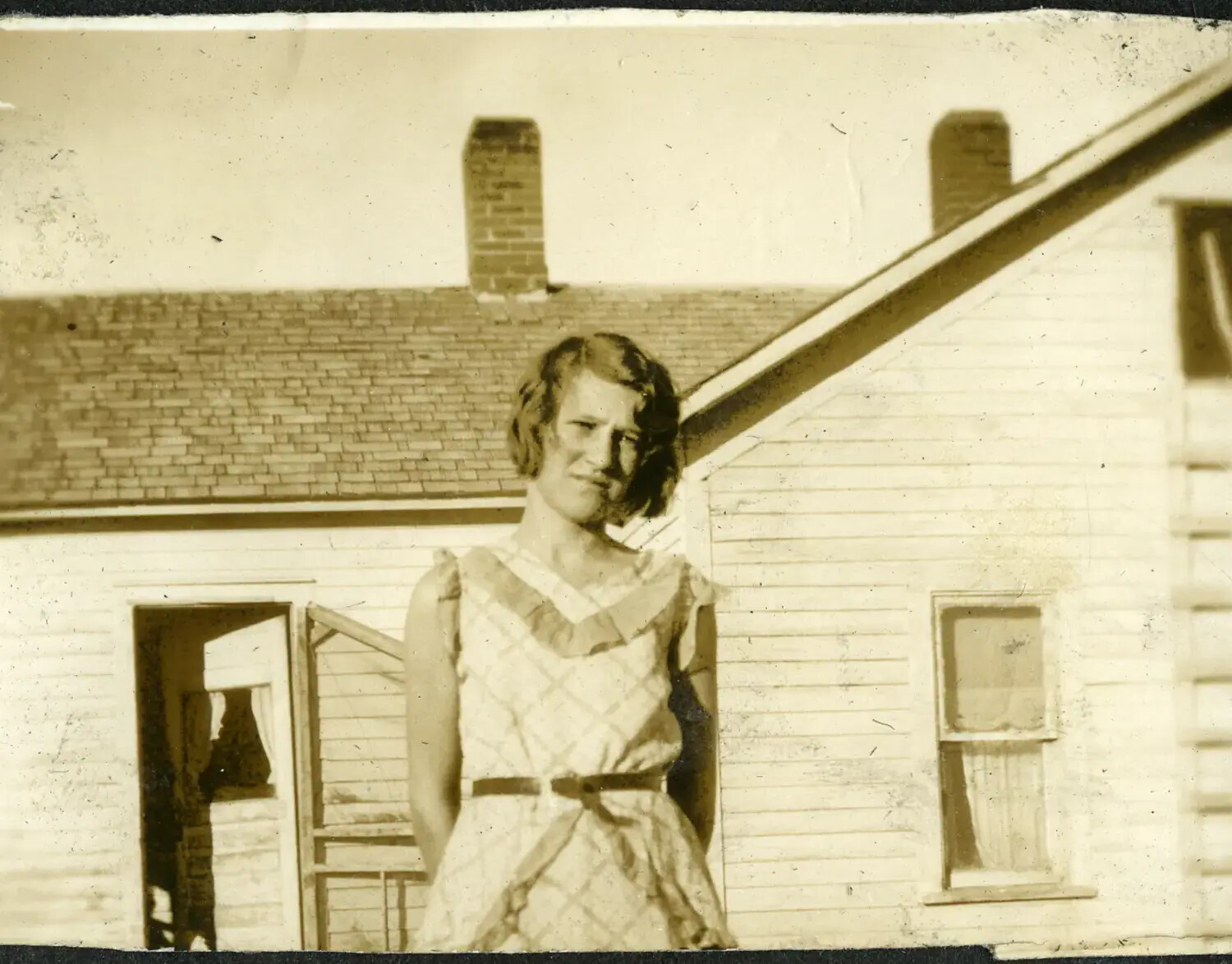 Young Woman on Farmhouse Porch, 1930s Family Snapshot