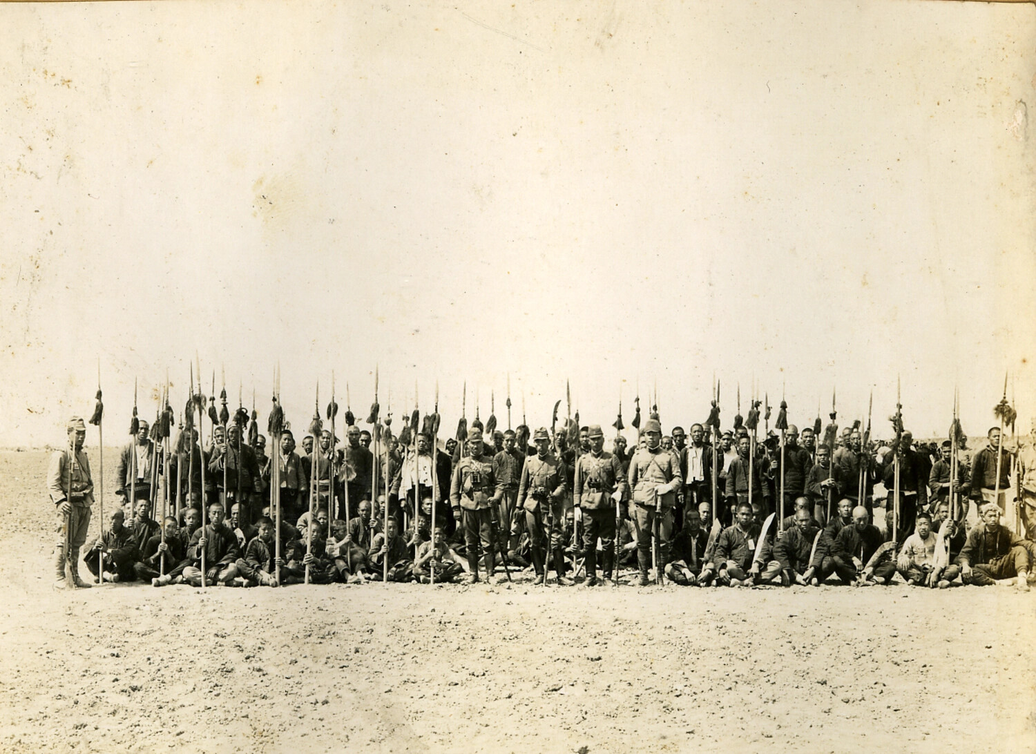 Chinese Auxiliary Militia Armed with Traditional Spears, Posed with Japanese Army Officers