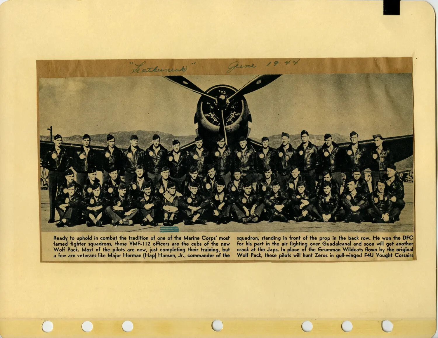 'Leatherneck' Magazine Clipping: VMF-112 'Wolf Pack' Squadron Portrait, June 1947