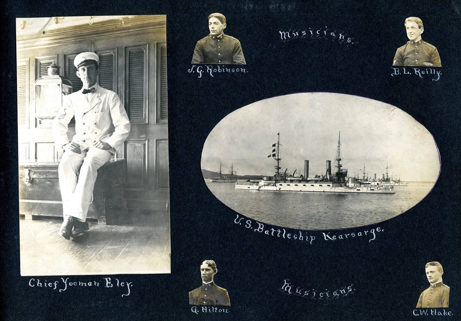 USS Columbia Album Page: Chief Yeoman Eley, Ship's Musicians, and U.S. Battleship Kearsarge