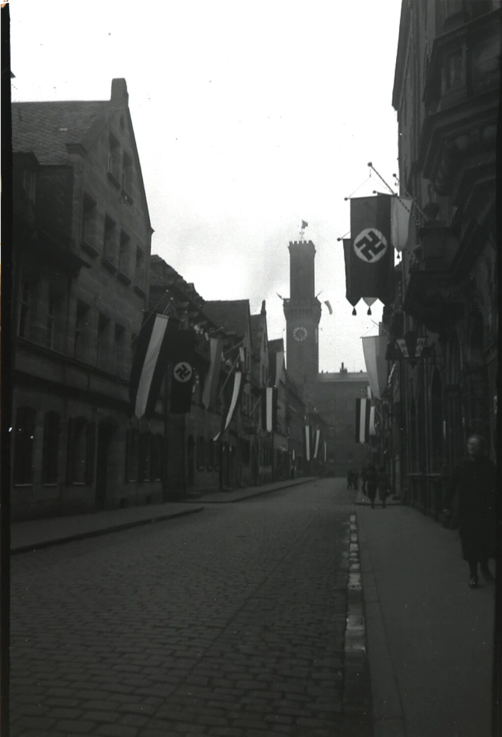 Historic German Old Town Street Decorated with Nazi Party Flags, 1930s