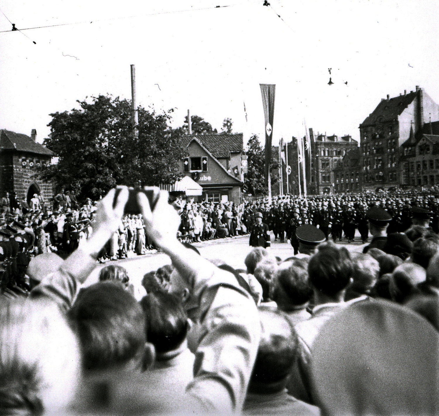 Nazi Party Rally, Nuremberg, Germany, 1930s — Crowd and Marching Formation with Swastika Banners