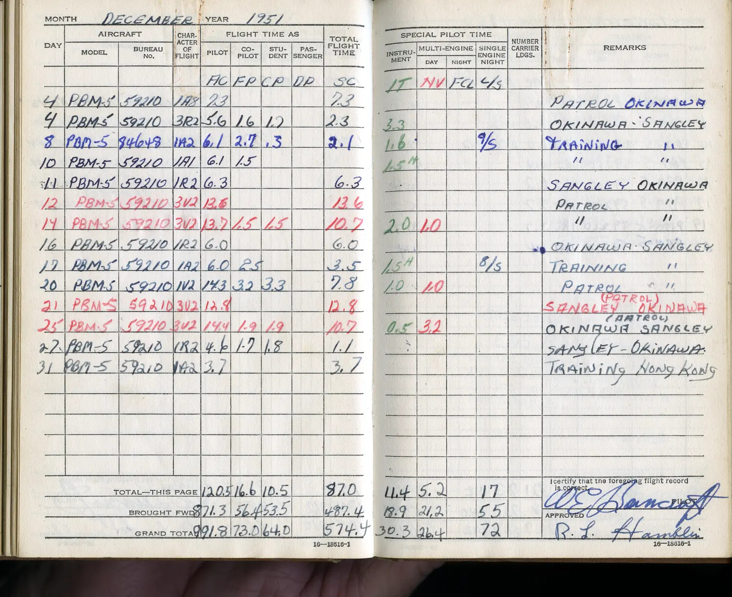 Lt. W.E. Bancroft's Personal Flight Logbook, December 1951 — PBM-5 Mariner Patrol Operations