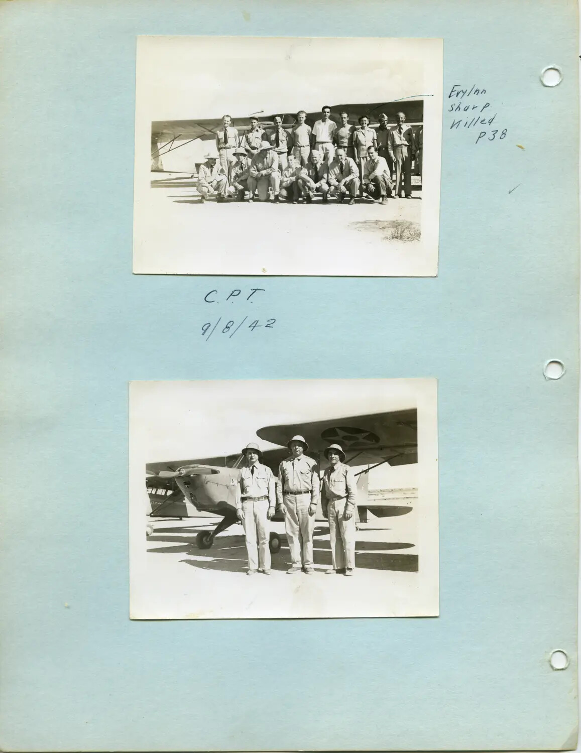Album Page: Civilian Pilot Training Class Group Portrait (Sept. 8, 1942) and Liaison Aircraft Crew Photo, with Annotation Noting a Member Later Killed Flying a P-38