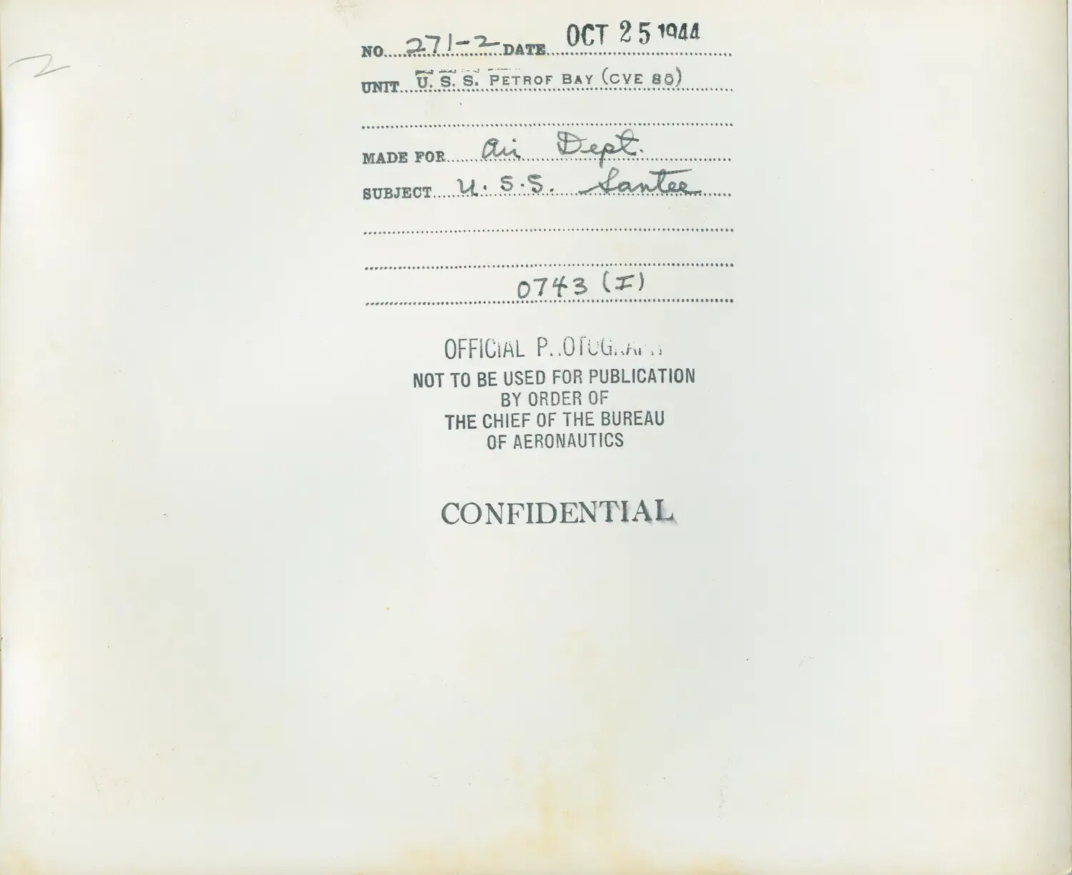 USS Petrof Bay (CVE-80) Official Photograph Caption Card — Subject USS Santee, October 25, 1944