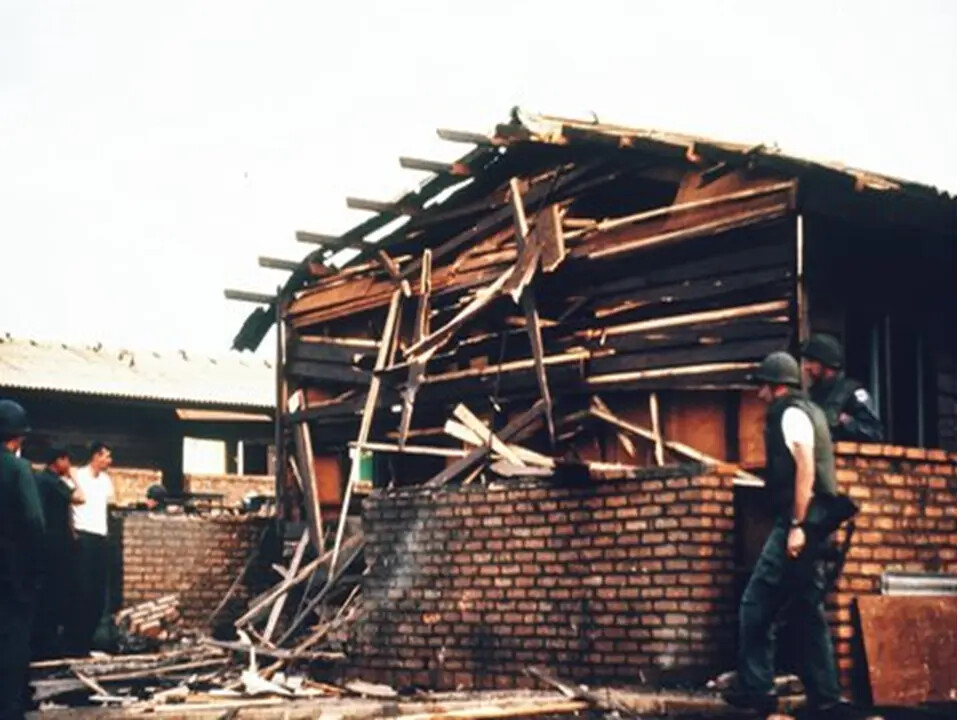 Aftermath of Building Damage/Fire at Military Installation, Vietnam Era