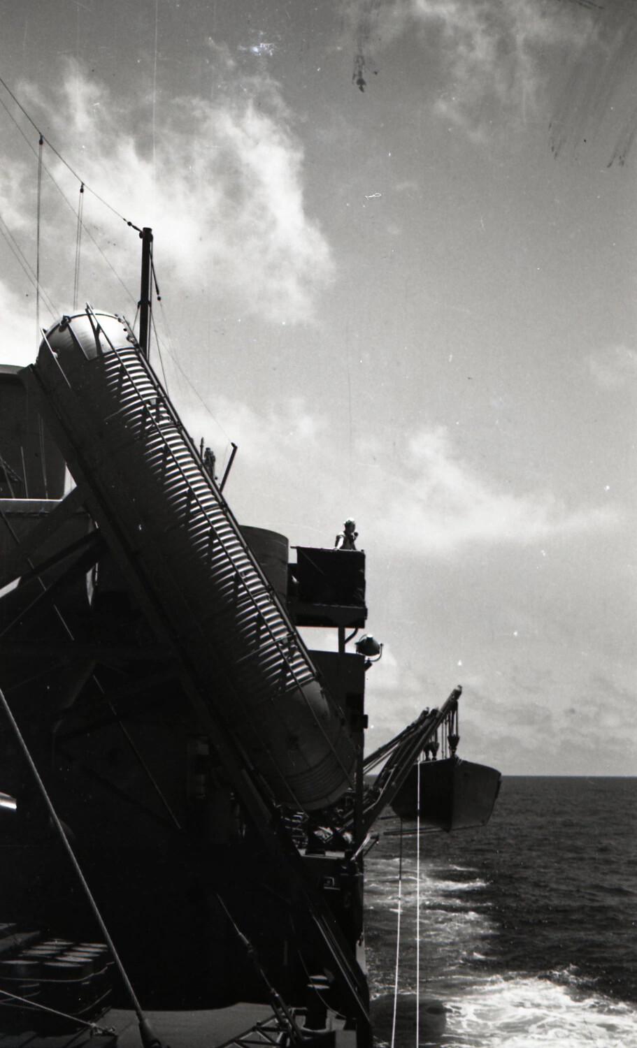Shipboard View of Stack Ventilator and Davit-Suspended Lifeboat at Sea, WWII KOTEC China Burma Collection
