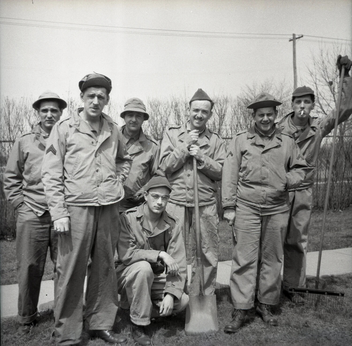 Group Photograph of Servicemen with Shovel and Rake, Work Detail