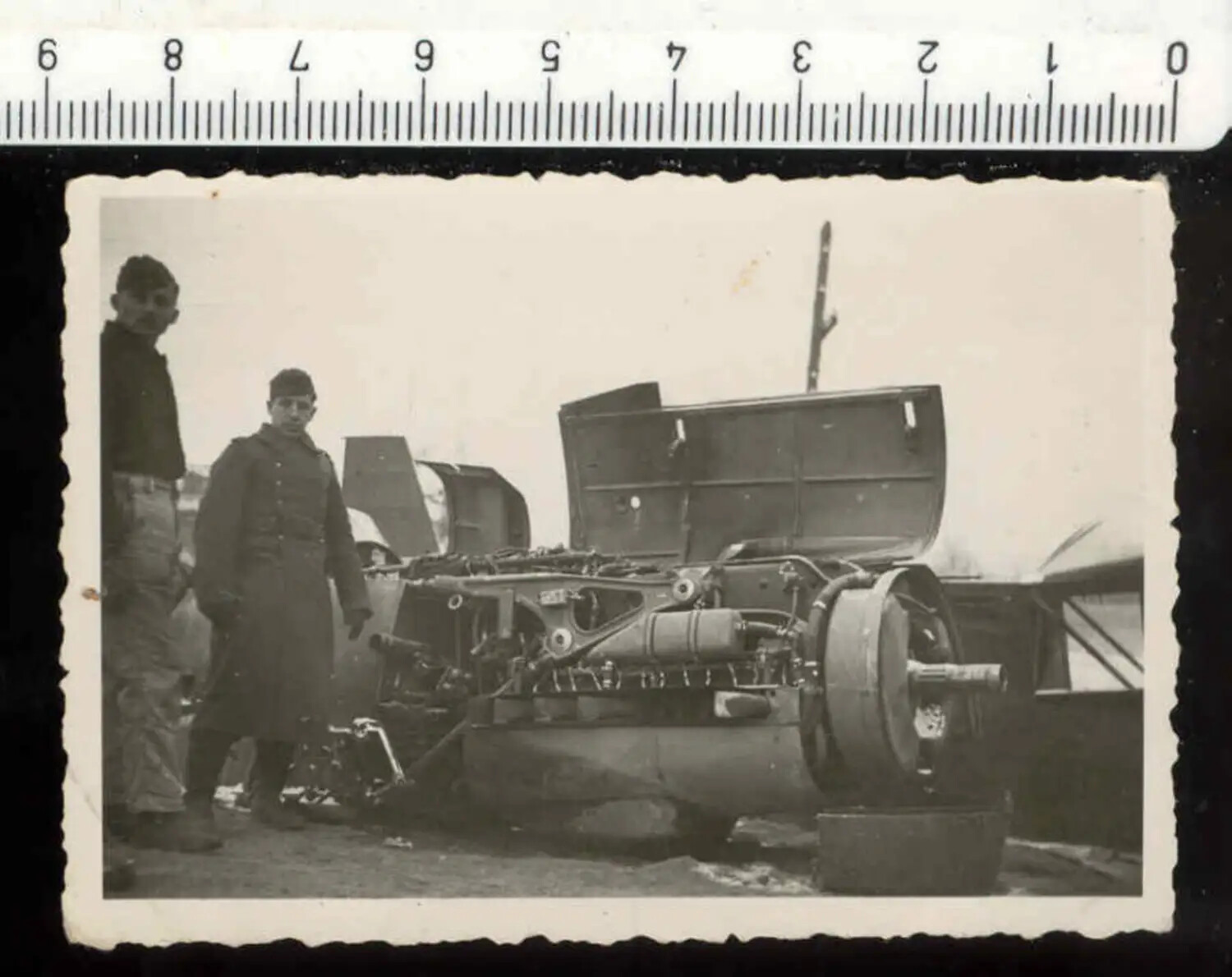 Soldiers Inspecting Wrecked Aircraft Engine, WWII European Theater