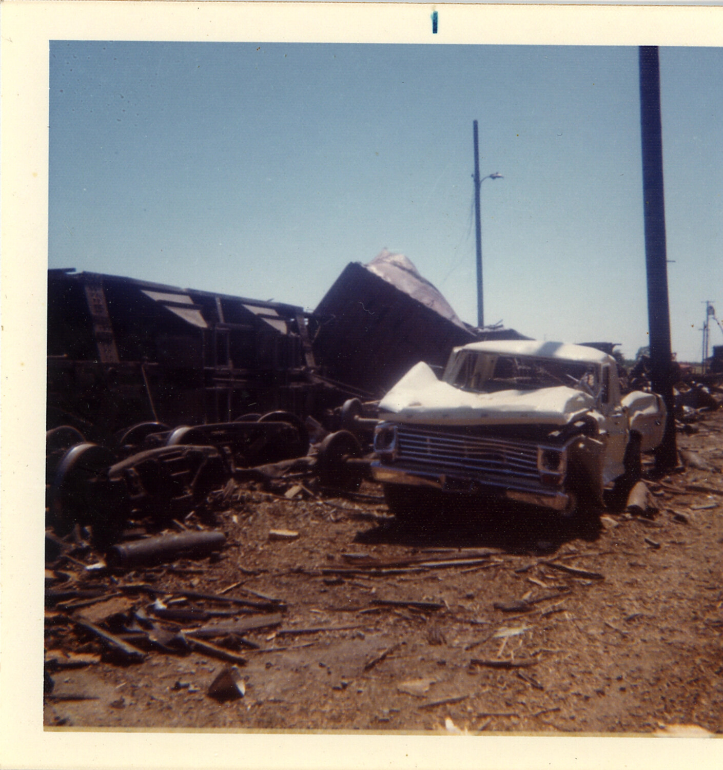 Aftermath of the Roseville Rail Yard Explosion, 1973 - Derailed Boxcars and Wrecked Pickup Truck