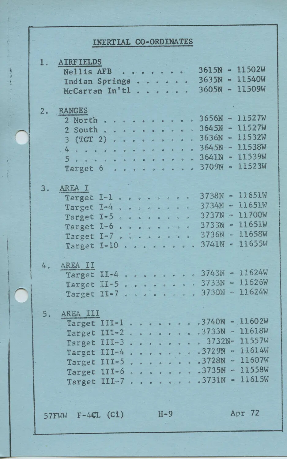 "Inertial Co-Ordinates" Reference Sheet, 57th Fighter Weapons Wing F-4C/L Aircrew Manual, April 1972 (Misfiled Non-WWII Document)