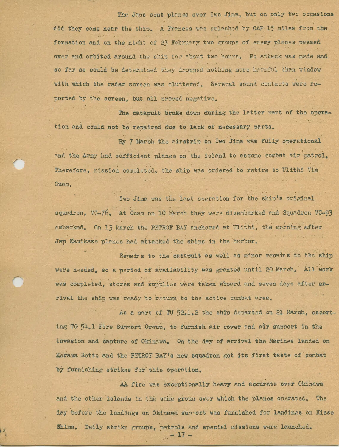 Typed Page 17 - USS Petrof Bay (CVE-80) End of Iwo Jima Operation, Squadron Turnover at Guam, and Commencement of Okinawa Invasion Support, 1945