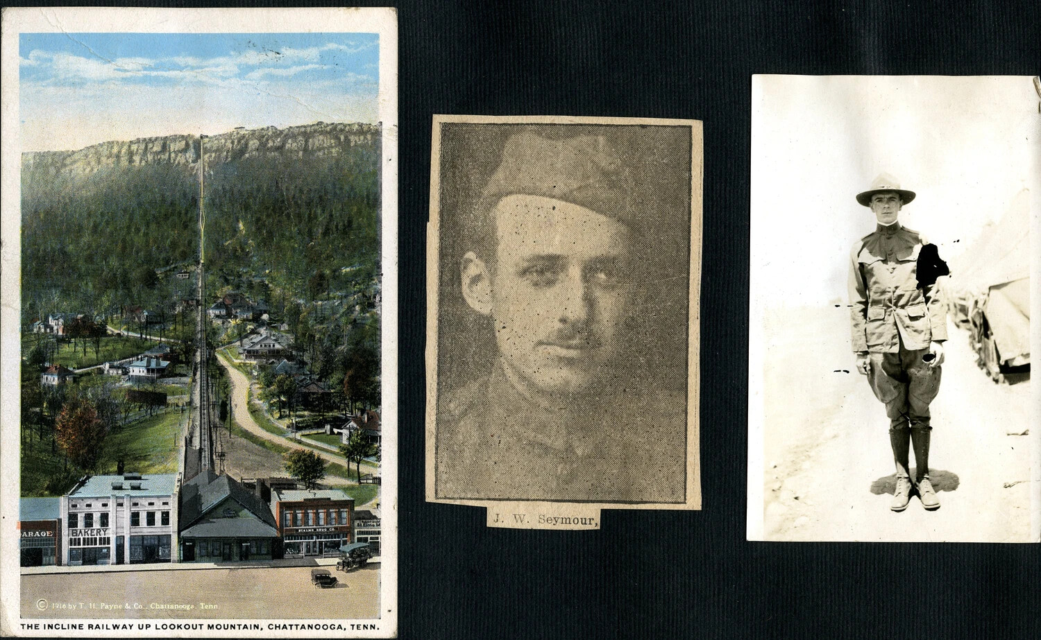 Scrapbook Page: Lookout Mountain Postcard, Newspaper Portrait of J.W. Seymour, and Snapshot of a Soldier in Field Uniform, c. 1916-1918