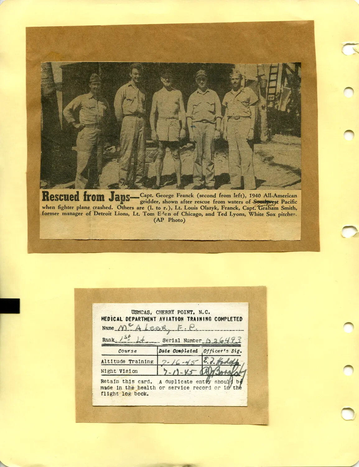 Album Page: AP News Clipping "Rescued from Japs" and USMCAS Cherry Point Aviation Training Card, McAleer Papers
