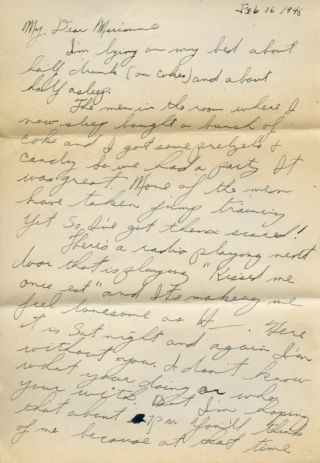 Handwritten Letter to 'Marianne' from a Soldier in Airborne Training, February 16