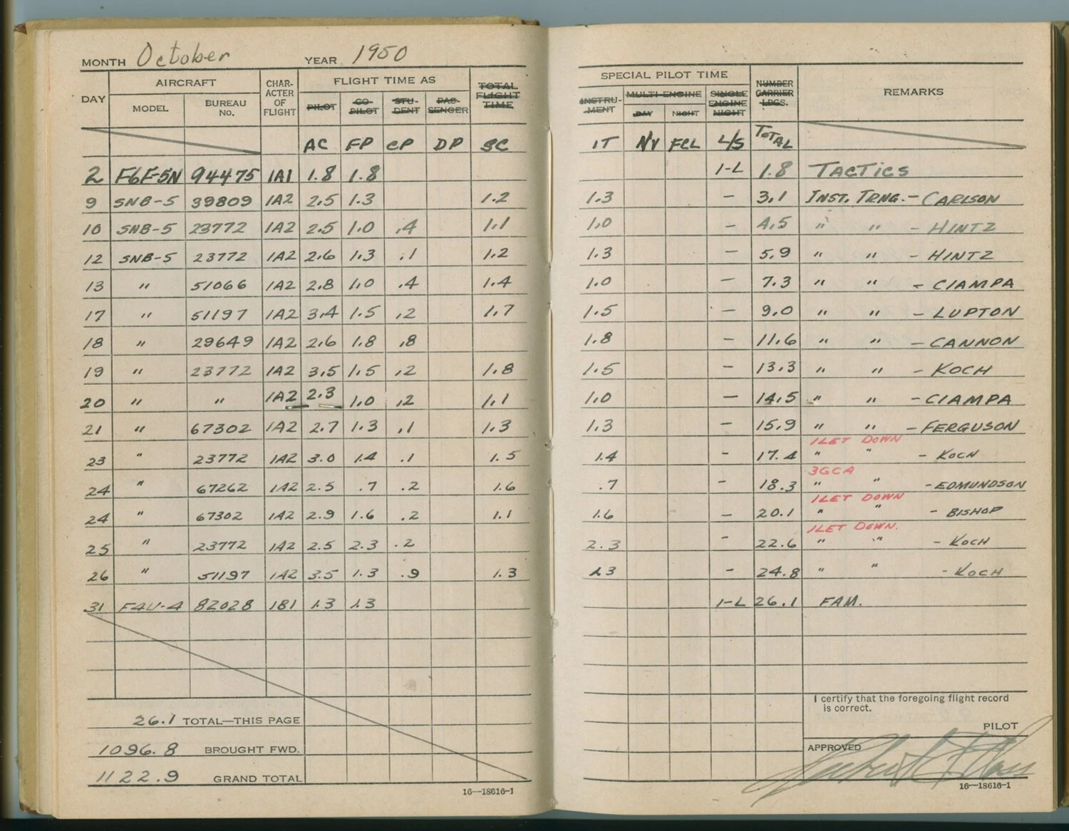 Pilot Flight Logbook Pages, October 1950 - Edward P. McAleer, Instrument Training Flights