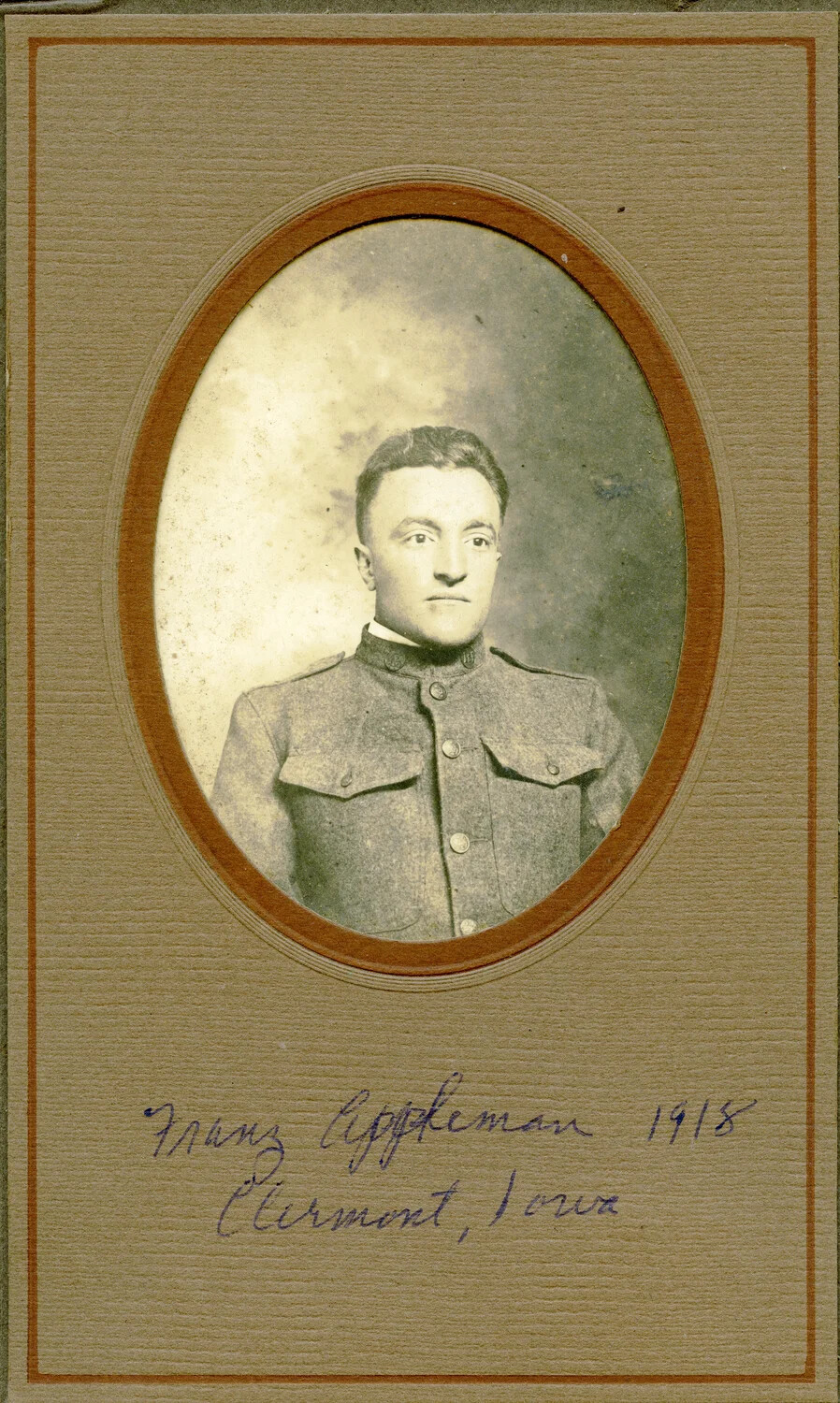 Studio Portrait of a WWI Soldier, Identified as Franz Appleman, Clermont, Iowa, 1918