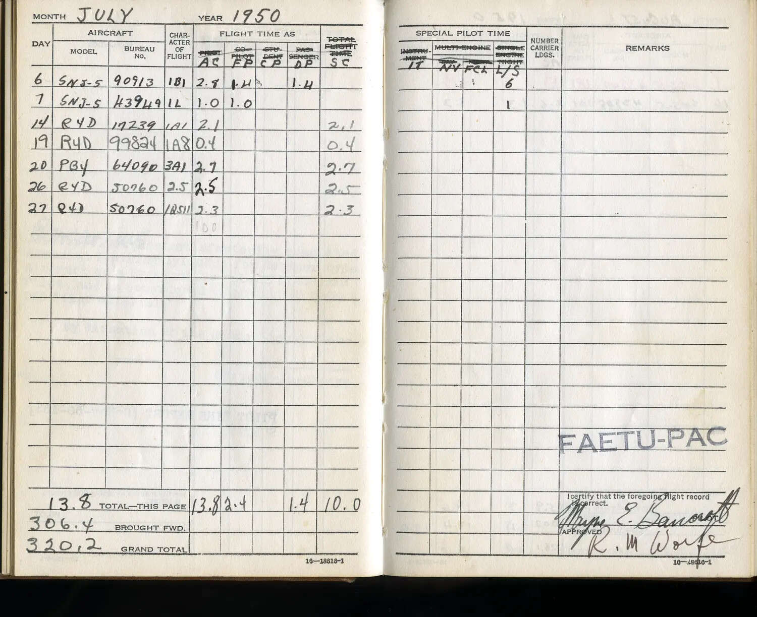 Lt. Wayne E. Bancroft's U.S. Navy Pilot Flight Logbook, July 1950 (Korean War Era)
