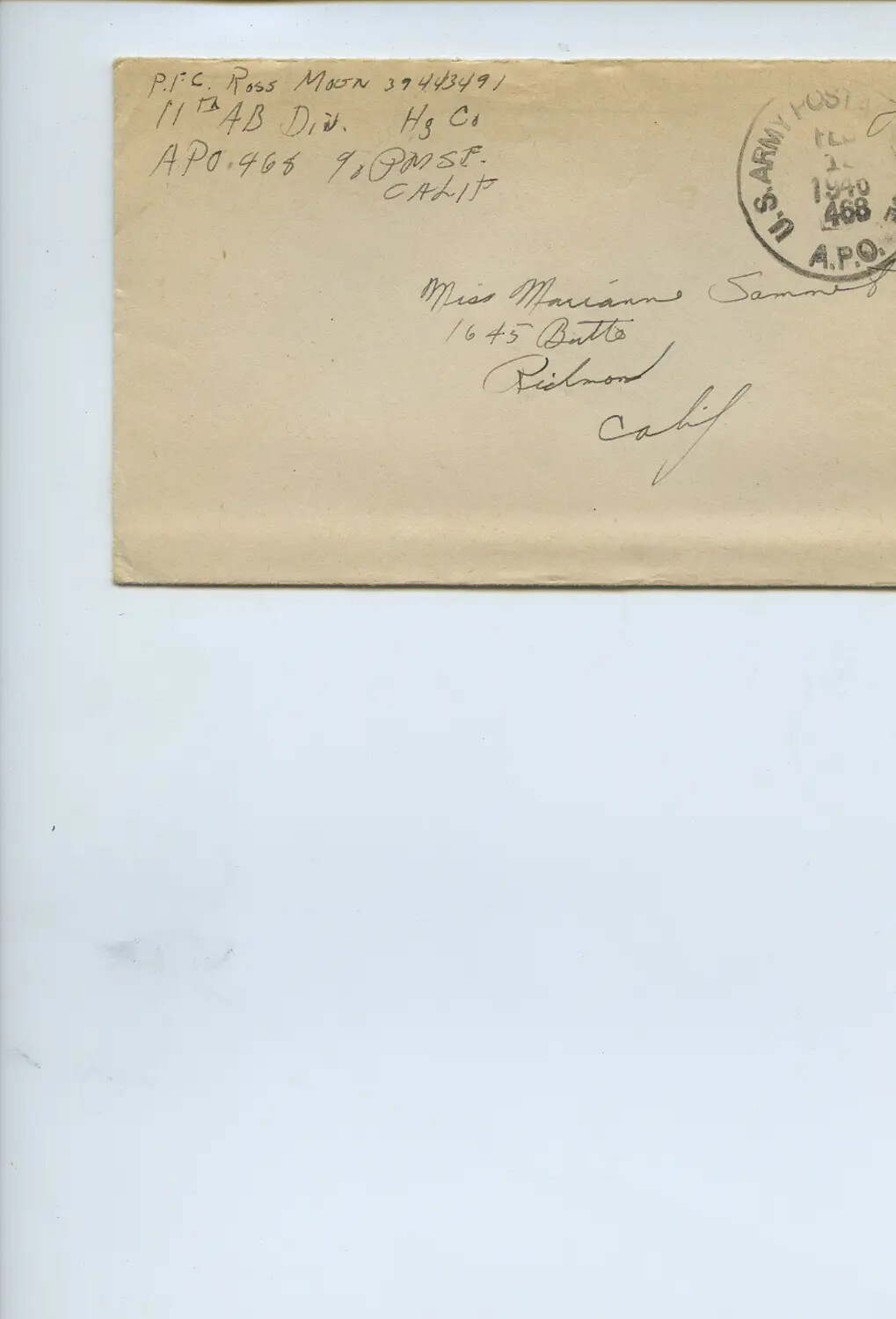 WWII V-Mail/Envelope, PFC Ross Moon, 11th Airborne Division, APO 468, February 1945