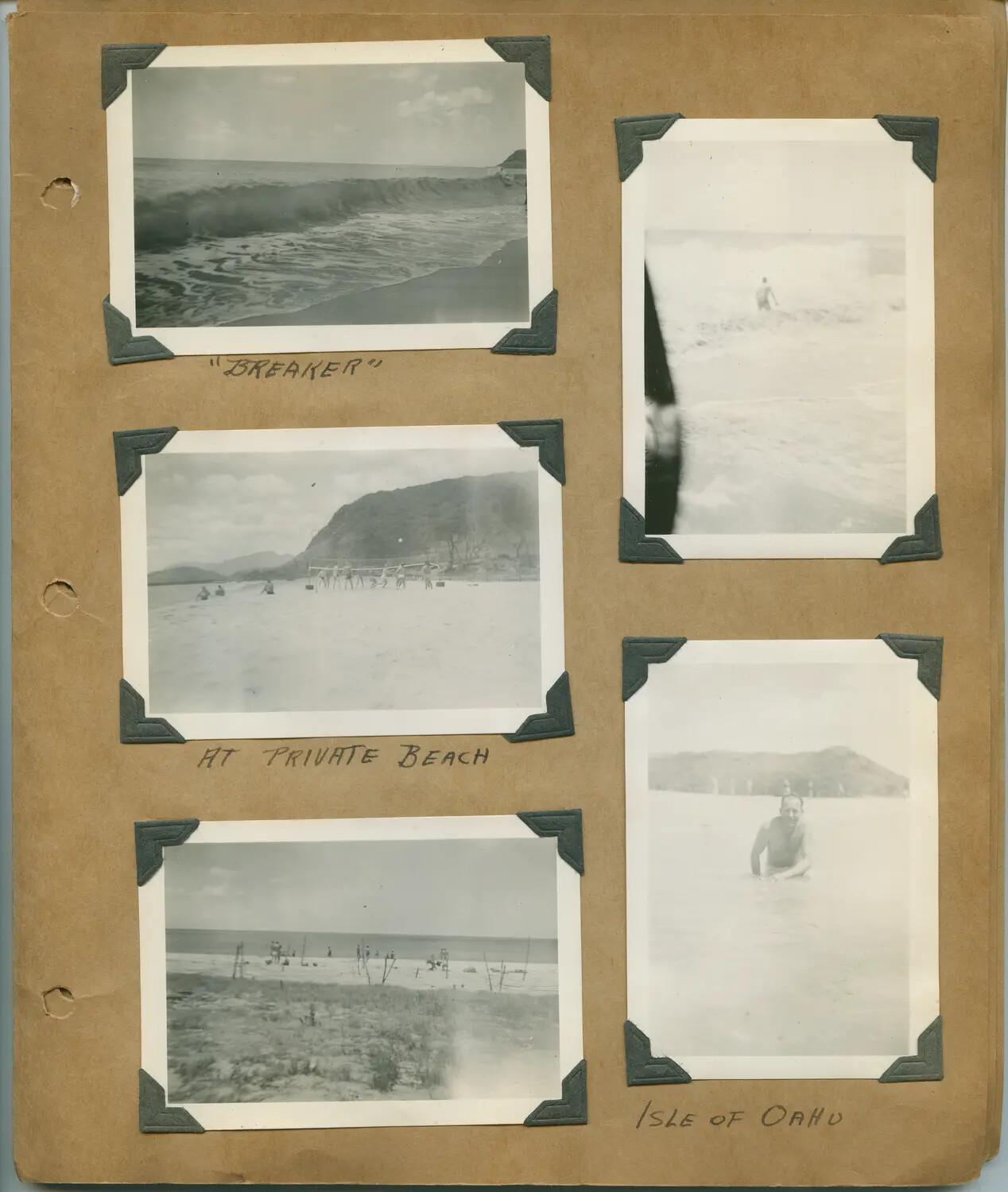 Album Page: Beach and Surf Scenes, Oahu, Hawaii, WWII Era