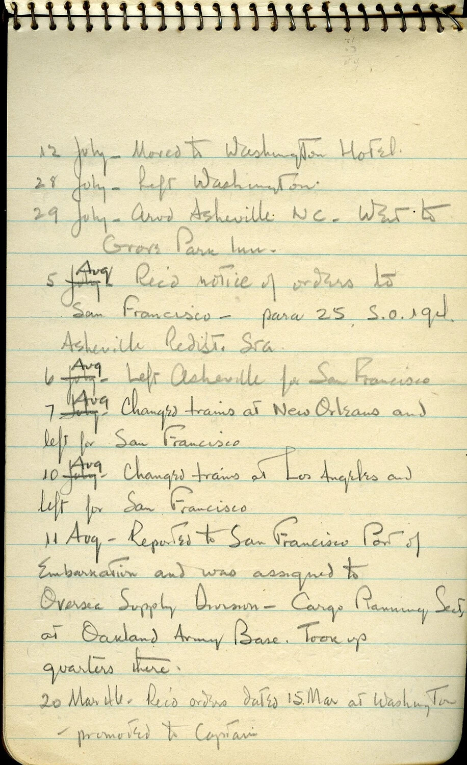Handwritten Diary Page: Stateside Travel, Asheville Redistribution Station, and Reassignment to Oakland Army Base, July 1945-March 1946