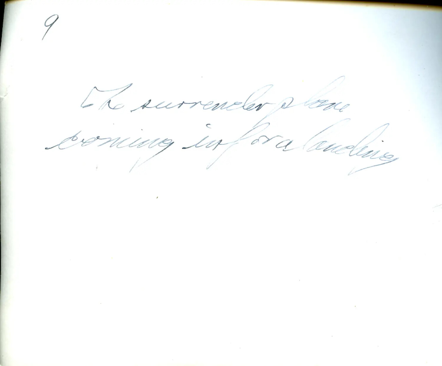 Handwritten Album Caption Page: "The Surrender Plane Coming in for a Landing"