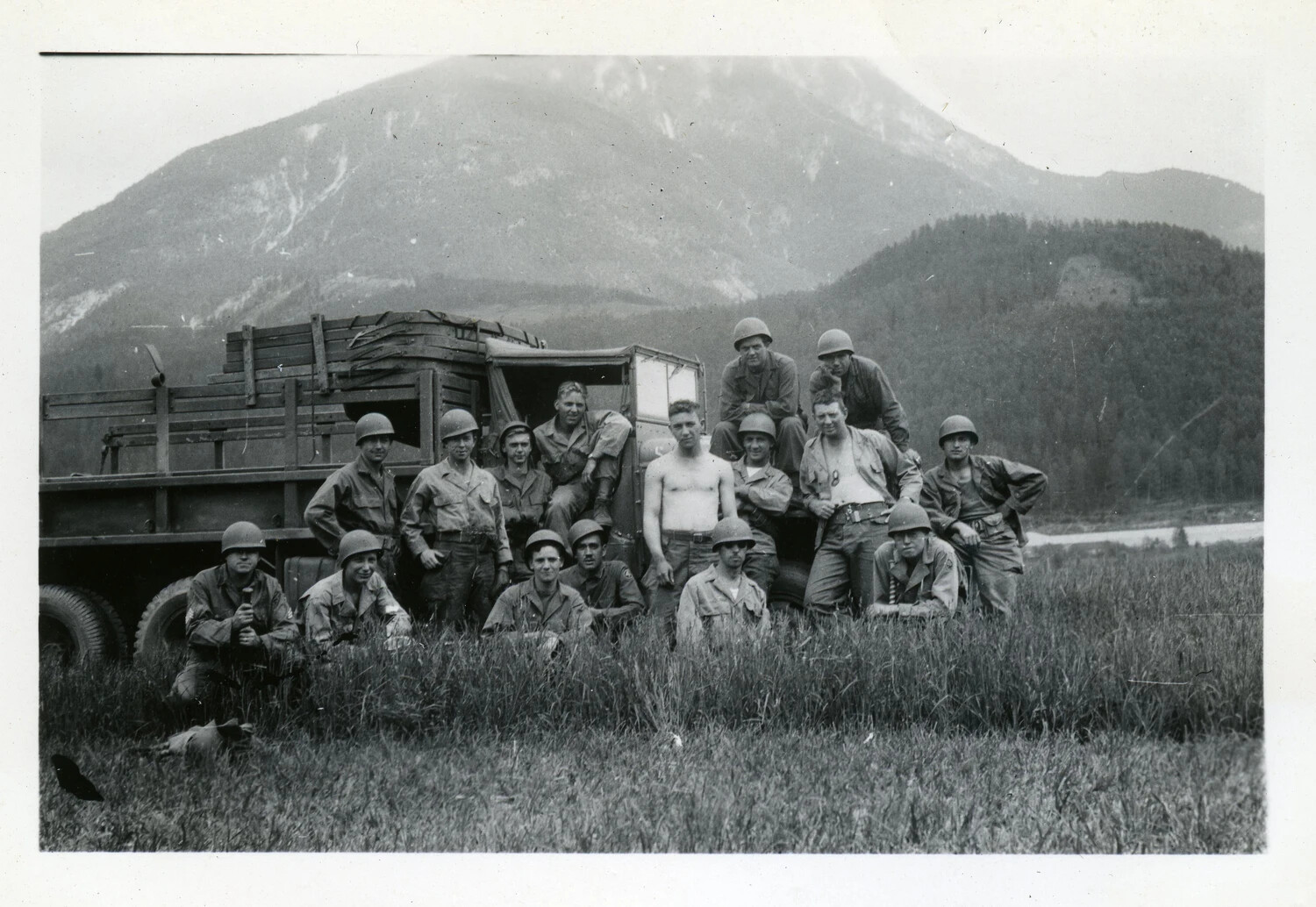 44th Infantry Division Soldiers Posed with Cargo Truck in Alpine Valley, WWII European Theater