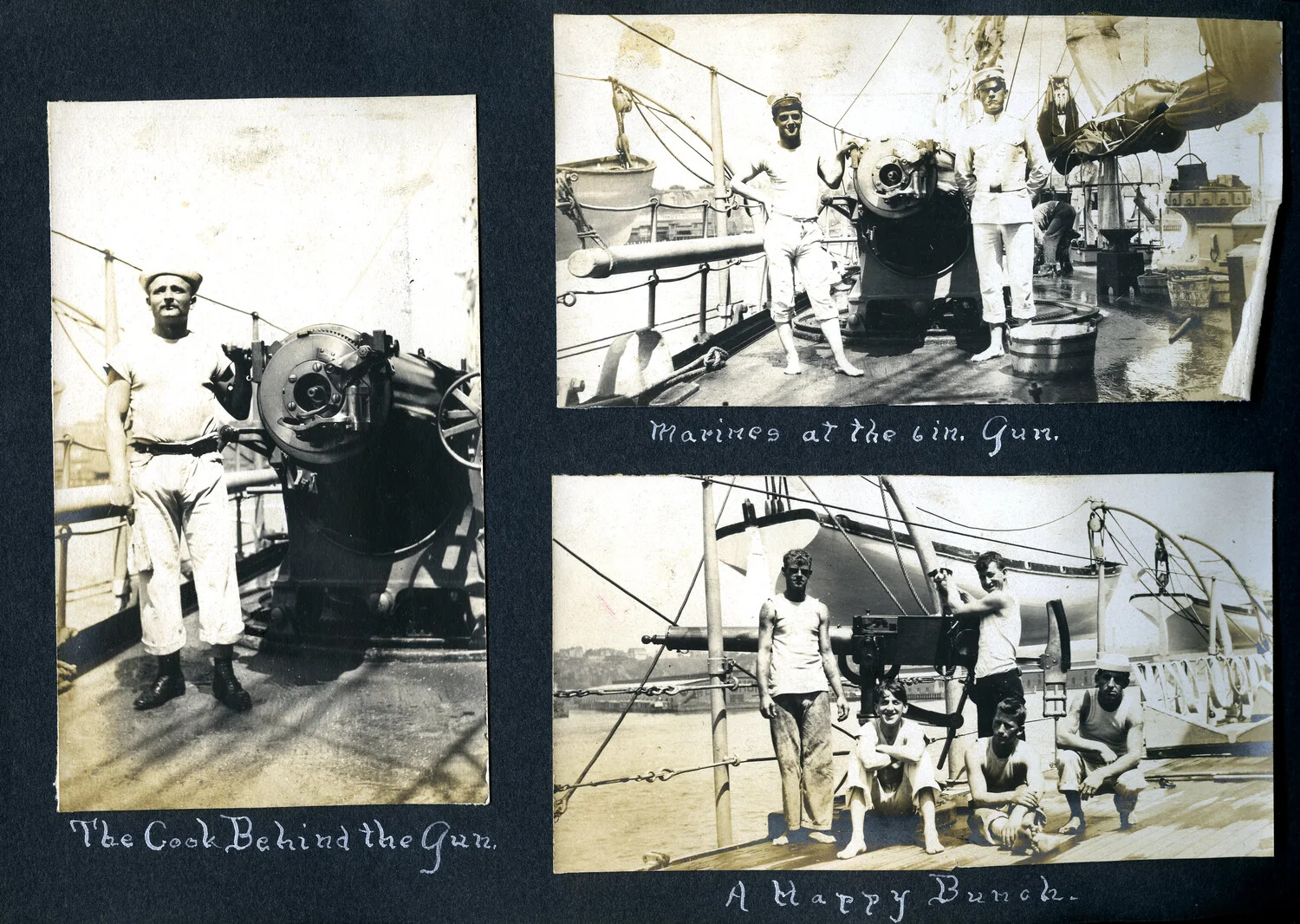 USS Columbia Album Page: Gun Crew Portraits, 'The Cook Behind the Gun,' 'Marines at the 6in. Gun,' 'A Happy Bunch'